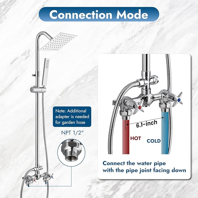 Wall Mount Outdoor Shower Kit Polish Chrome 6" Square Rainfall Shower Head with Hand Held Spray Double Cross Handles with Adjustable Slide Bar Exposed 2 Function Shower Faucet Fixture