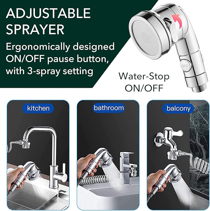Sink Handheld Shower Kit with 9.8ft Telescopic Hose, Kitchen Bathroom Faucet Sprayer Attachment with 3 Adapters M22 M24 G1/2, for Hair Washing, Baby Shower, Pet Shower (Faucet Not Included)