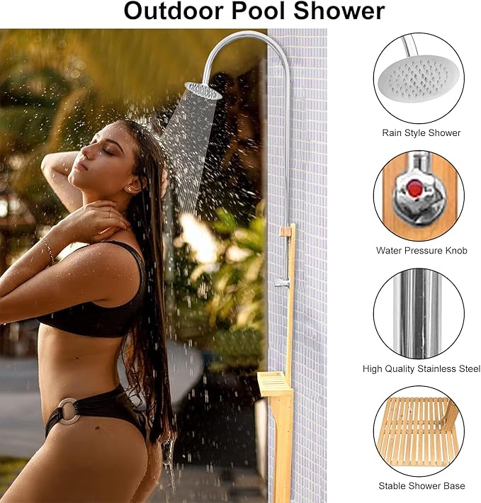 Outdoor Shower, Solid Wood Outdoor Shower and Steel Construction Height-Adjustable Shower Head, Connect Easily to Any Hose, Easy to Assemble Outdoor Shower Kit for Garden, Backyard, Pool