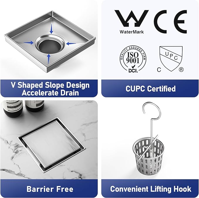 Square Shower Drain 6", Brushed Floor Drain with Tiled Insert Grate & Hair Strainer, 304 Stainless Steel Bathroom 2-in-1 Tiled in Drain, CUPC Certified (Brushed, 6'')