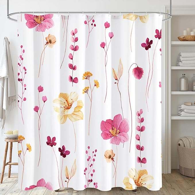 Gibelle Watercolor Floral Shower Curtain, Hot Pink Flower Shower Curtain for Bathroom, Modern Minimalist Waterproof Fabric Shower Curtain Set 72x72 Inch