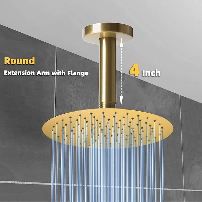 4 Inch Shower Arm with Flange, Ceiling Mounted Shower Head Extension Arm, 1/2 NPT Straight Arm for Rain Shower Head, Stainless Steel Shower Head Extension Replacement Pipe Arm, Brusheed Gold