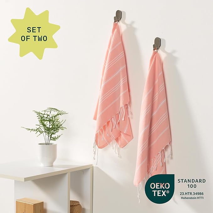 WETCAT Turkish Hand Towels with Hanging Loop, Set of 2 (20" x 30") 100% Turkish Cotton, Pre-Washed, Quick Drying, for Kitchen or Bathroom - Peach