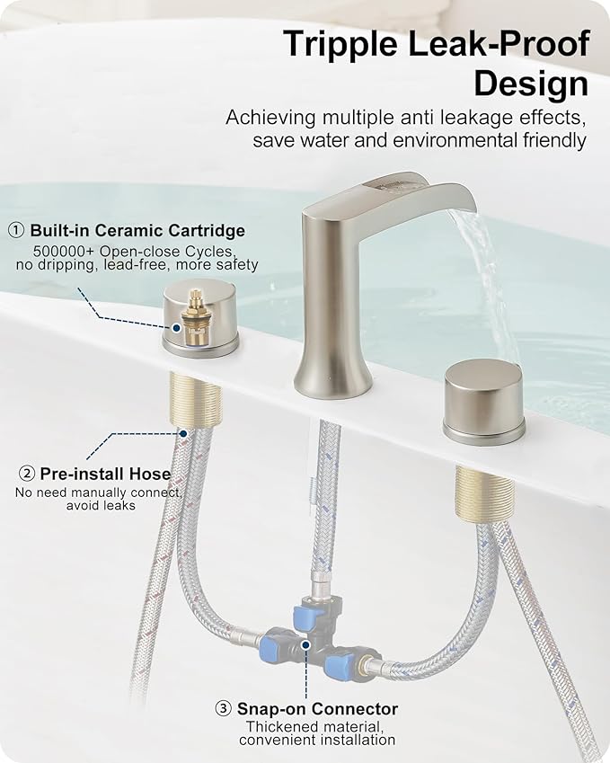 Brass Roman Bathtub Faucet Brushed Nickel, Waterfall High Flow Bath Tub Faucet Set 3 Hole with 2 Handle Deck Mount & Pre-Installed Supply Hoses for Farmhouse
