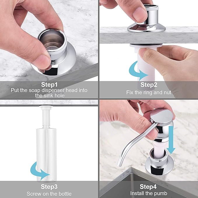 Samodra Kitchen Sink Soap/Lotion Dispenser, Brass Pump Head Chrome Finish 12 OZ Bottle Built in Design Refill from The Top for Granite Thick Deck Installs