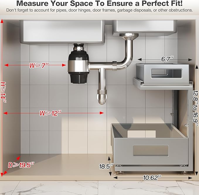 2 Pack 18.5IN-Depth Under Sink Organizer With Next-Gen Ball-Bearing Slides,2-Tier Pull Out Cabinet Storage,Height Adjustable Drawer Shelf for Bathroom,Kitchen,Laundry,Cabinet,Pantry-Gun Gray