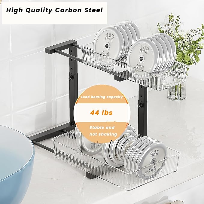 Under Sink Organizer, 2 Tier Pull Out Storage Organizer, Slide Out Storage Shelf for Bathroom & Kitchen, Under Cabinet Organizer and Storage with 5 Gears Height Adjustable (Black, 1 Pack)