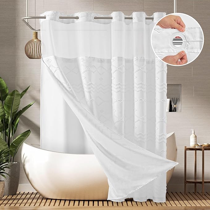 Extra Long No Hooks Shower Curtains, 98 Inches Long Boho Tufted Chevron Striped Fabric Shower Curtain for Bathroom with Snap in Liner, White Water Resistant Cloth Shower Curtain Set