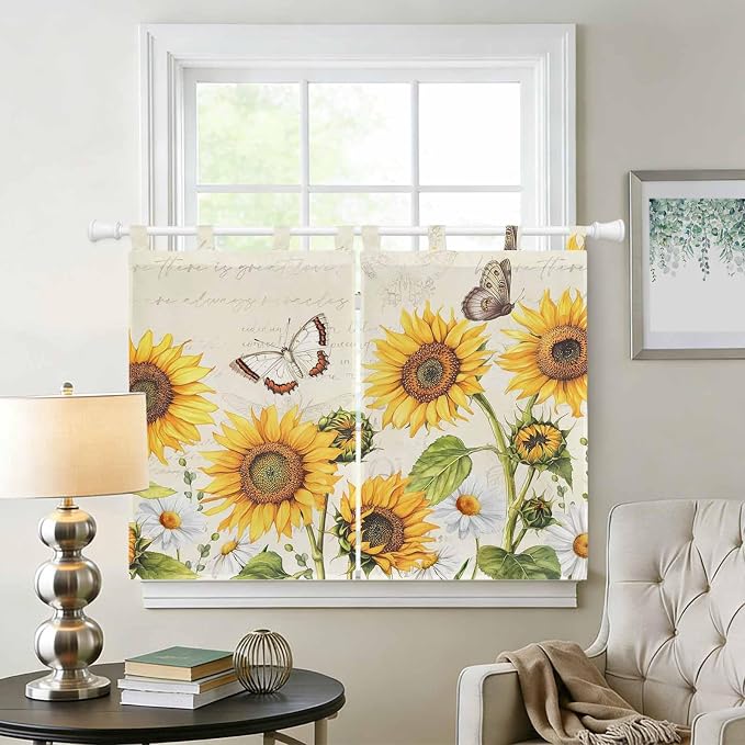 Farm Sunflowers Kitchen Curtains 45 Inch Length, Short Cafe Window Curtains Tab - Image 2