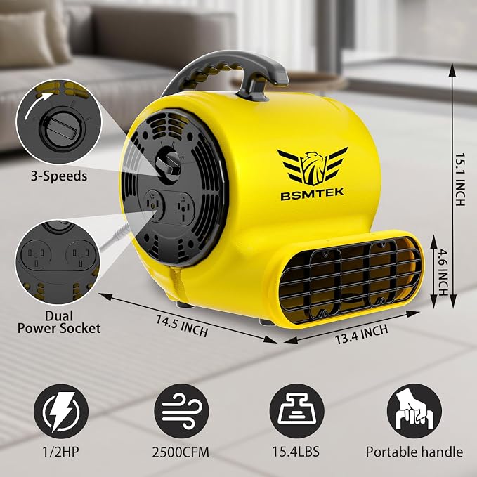 Air Mover Blower Fan, Industrial 1/2HP 2500CFM Monster Floor Blower Carpet - Image 2