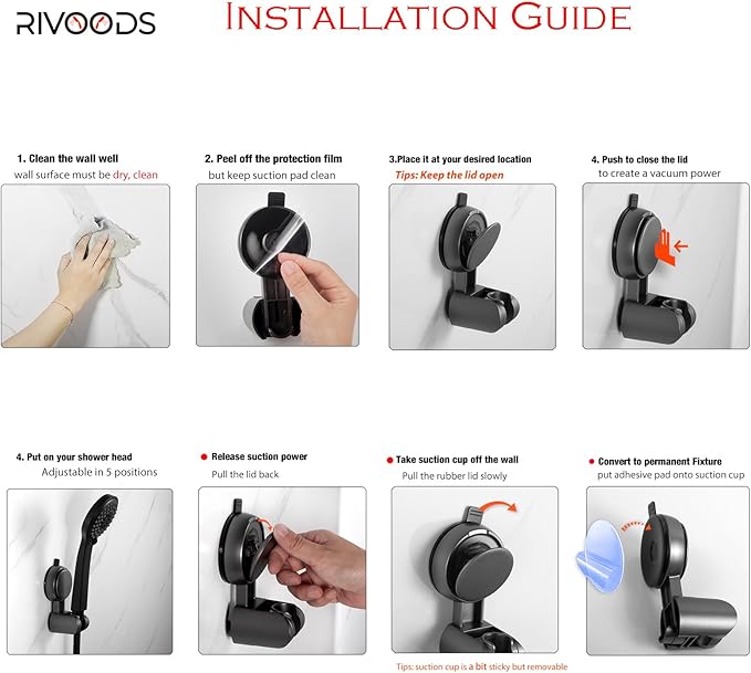 Suction Cup Hand held Shower Head Holder- Reusable - 5 Angles Adjustable - Bathroom Wall Mount Shower Wand Holder - Matte Black