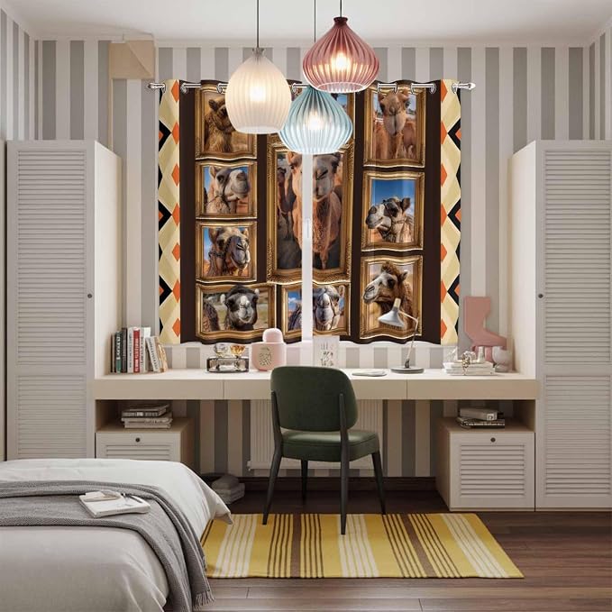 2 Panel Kitchen Cafe Curtains, Wildlife Camels Sunlight Filtering Nature Air - Image 5