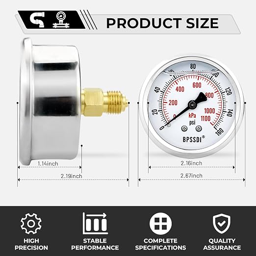 0-160 Psi Glycerin Liquid Filled Low Pressure Gauge, 2.5" Dial Size, 1/4" G - Image 3