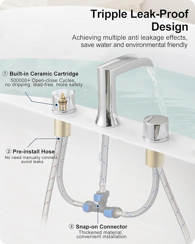 Waterfall Bathtub Faucet Set, Chrome Deck Mount Tub Faucet High Flow Brass Bath Tub Faucets 6-16 Inch 2 Handle Widespread Roman Tub Faucet 3.25 gal/Min Psi 60 1/2" Water Supply Line No Leaks
