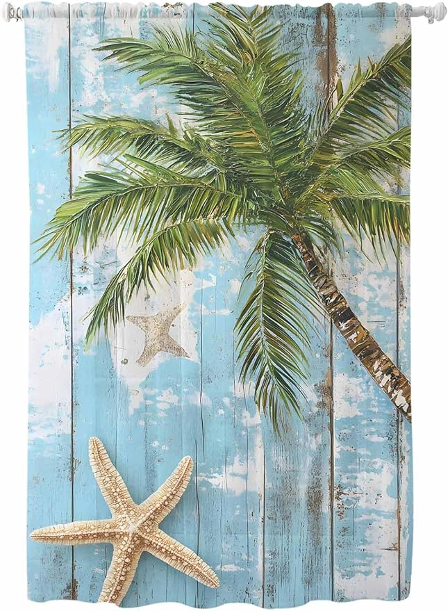 Sheer Curtains 72 Inches Long, Coastal Beach Blue Semi Sheer Curtains Light by Unknown
