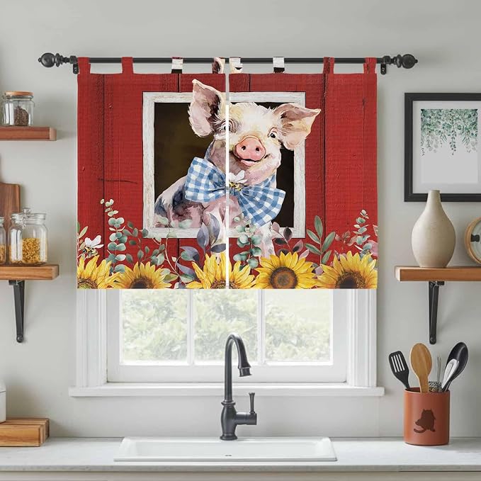 Pig Sunflowers Kitchen Curtains 45 Inch Length, Short Cafe Window Curtains Tab - Image 3