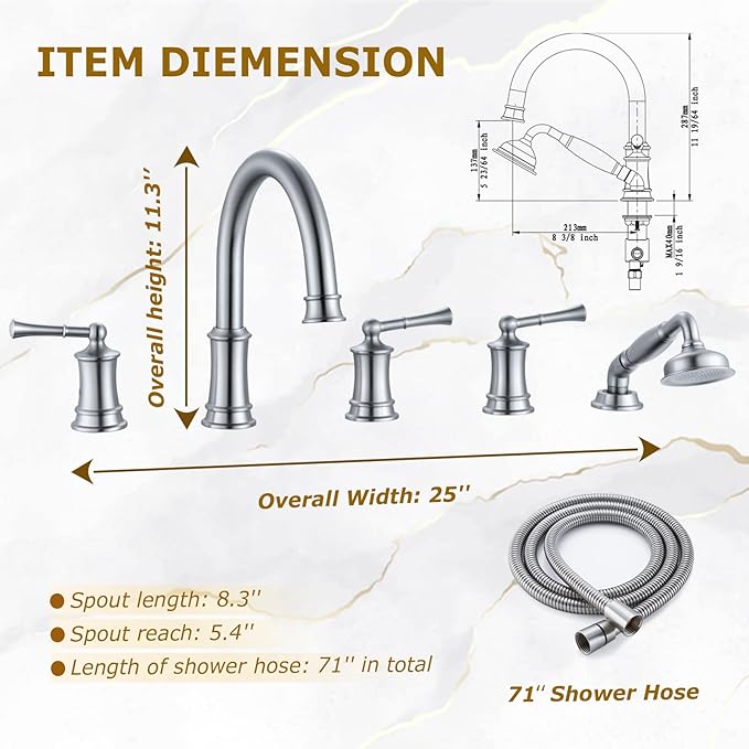 Roman Tub Faucet with Hand Shower, Antique Tub Shower Faucet Set with Valve for 5 Hole, Deck Mount Shower Tub Faucet Set，3 Handle Bath Tub Faucet High Flow, Brushed Nickel(B2309-BN)