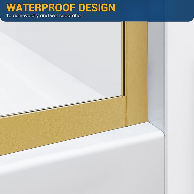 Bathtub Shower Glass Panel, 34" W X 58" H Tub Shower Door Fixed Glass Doors in Brushed Gold with 1/4"(6mm) Clear Tempered Door, Simple Shower Door Panel Easy to Install for Bathroom
