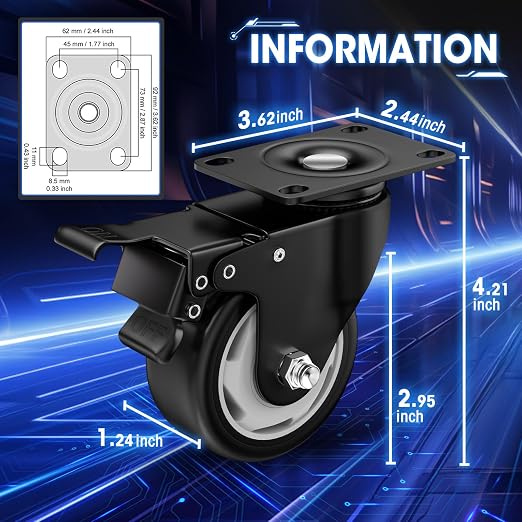 3" Heavy Duty Plate Casters, 1000 Lbs Dual Brake - Image 2