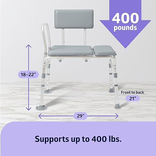 Medline Padded Transfer Bench for Bathtub and Shower, Height Adjustable, Slip-Resistant Legs, Rust-Resistant, Side Arm & Back Rest for Extra Support, 400 lb. Weight Capacity, Tool-Free Assembly