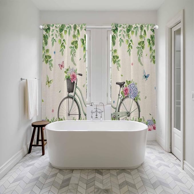 Farmhouse Spring Kitchen Curtains, Retro Bicycles Flowers Vines Butterfly Light - Image 5