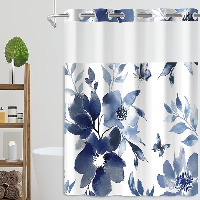 No Hook Shower Curtain with Snap in Liner for Bathroom,with See Through Top Window,Double Shower Curtain Set with Detachable Fabric Liner Replacement, Machine Washable, Blue Flower, 71"x 74"
