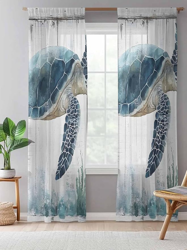 Sheer Curtains 96 Inches Long, Sea Turtle Teal Blue Semi Sheer Curtains Light - Image 5
