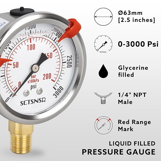 0 to 3000 Psi Pressure Gauge, Glycerin Liquid Filled, 2.5 inch Dial, 1/4" NPT - Image 2