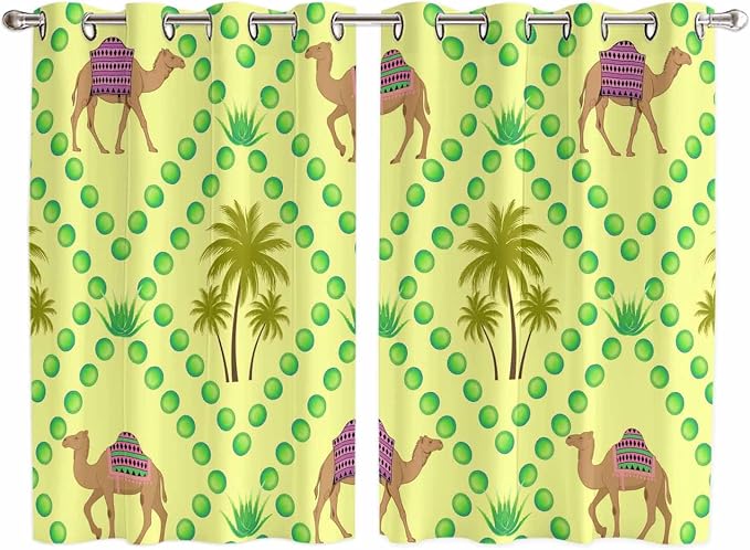 2 Panel Kitchen Cafe Curtains, Desert Sand Camels Sunlight Filtering Nature Air by Hokiten