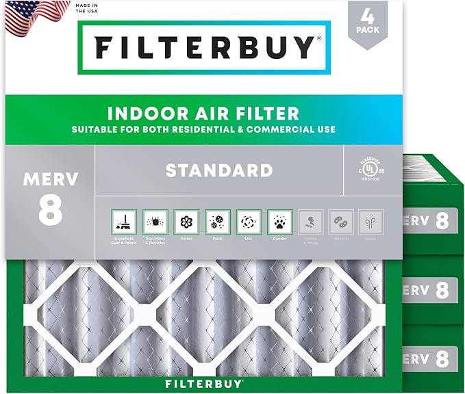 Filterbuy 25x25x4 Air Filter MERV 8 Essential Dust & Allergy Defense, by Filterbuy