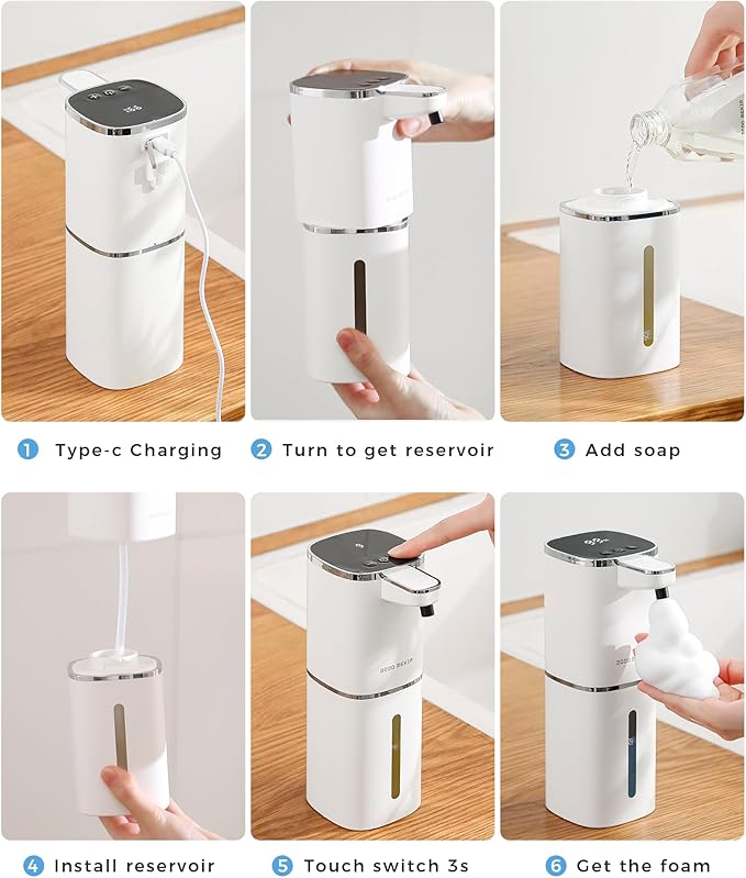 Automatic Foaming Soap Dispenser, 12.8oz Rechargeable, Adjustable Foam Levels, IPX5 Waterproof, Touchless & Wall/Tabletop Use for Kitchen Bathroom, White