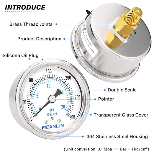 MEANLIN MEASURE 0~300Psi Dry Pressure Gauge Stainless Steel 1/8" NPT 2" FACE - Image 4