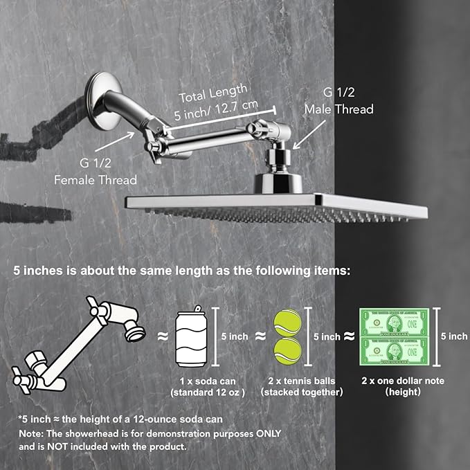 5 Inch Adjustable Shower Head Extension Arm, With Locking Set Screw, Singing Rain Brass Chrome Angle Height Adjustable, Easy To Install, G1/2 Universal Connector Compatible (Chrome Finish)
