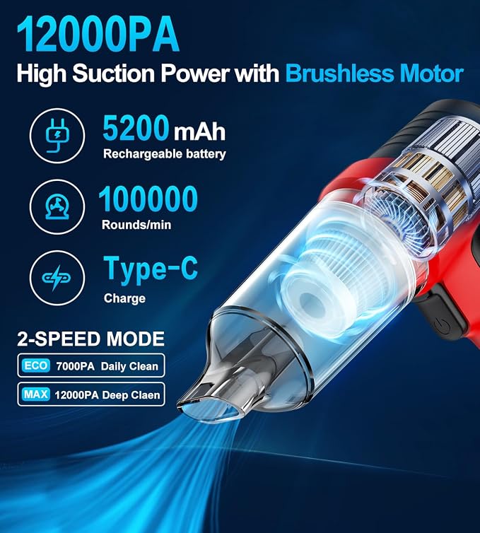 Car Vacuum Portable Cordless, 4 in 1 Mini Vacuum Cleaner Hight Power, 12000Pa - Image 3