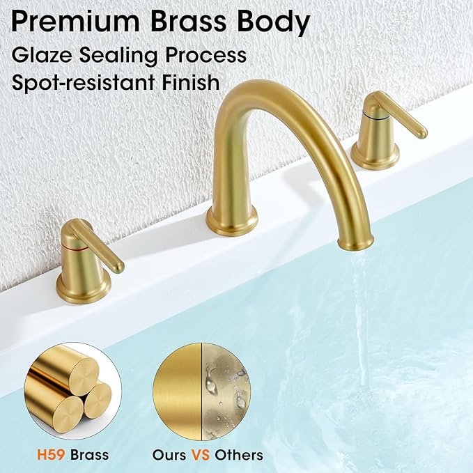 Brushed Gold Roman Bathtub Faucet, 2-Handle High Flow Tub Filler with Valve Widespread Deck Mount Bath Tub Faucet Set Classic High Arch WT-9807BG02