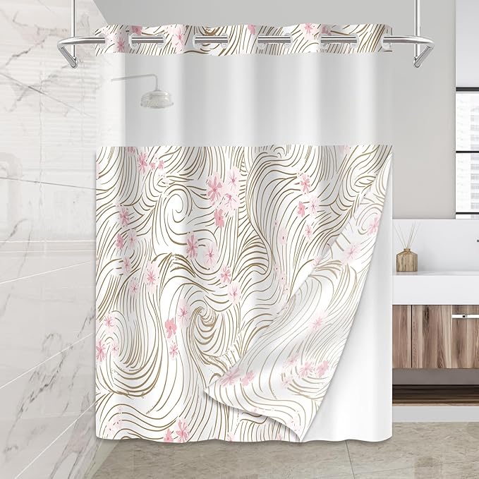 No Hook Shower Curtain Set with Snap in Fabric Liner for Bathroom,with See Through Top Window,Double Shower Curtain with Detachable Liner Replacement,Machine Washable,Pink Floral,71"x 74"