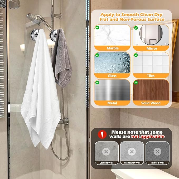 YOHOM Suction Cup Hooks for Shower Wall Bathrooms Towels Hook for Glass Door Heavy Duty (Silver, 2 PCS)