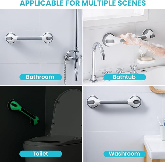 TAILI Shower Grab Bar Glow in The Dark, 16.8 in Grab Bars for Bathtubs, Shower Handles Bath Rails for Seniors and Elderly, Bathroom Safety Grip Removable No Drilling Waterproof Grey
