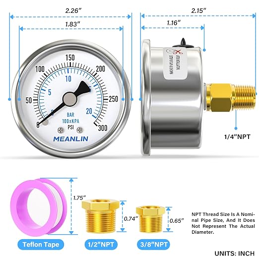 MEANLIN MEASURE 0~300Psi Dry Pressure Gauge Stainless Steel 1/4" NPT 2" FACE - Image 2