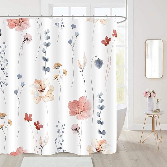 Gibelle Extra Long Shower Curtain 72 x 84, Watercolor Floral Fabric Shower Curtain, Coral Beige Flower Decorative Bathroom Shower Curtain Set