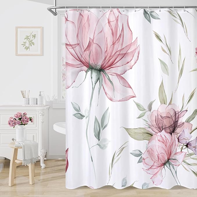 Pink and Grey Boho Watercolor Floral Shower Curtain, Ink Painting Style Blossom & Leaf Shower Curtains for Chic Elegant Bathroom, Artistic Fabric Cloth Flower Shower Curtain, 72x72