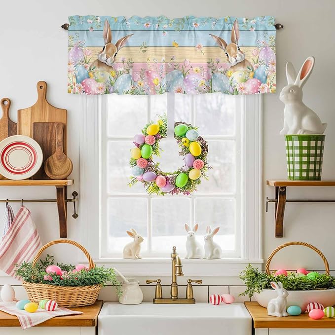Kitchen Valances for Window, Spring Easter Eggs Rabbit Flower Light Filtering by Unknown