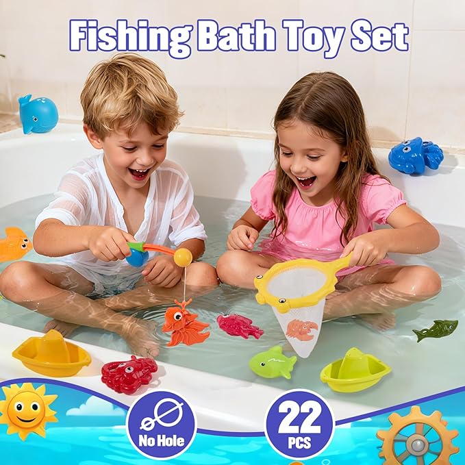 Bath Toys for Kids Ages 1-3, 22 PCS Mold-Free Toddler Bath Toys with Fishing Toy Game Fishing Pole Rod Net & Boats& No Hole Tub Toys with Mesh Bag, Water Pool Toys for Kids Ages 1 2 3 4 5 6 Years Old