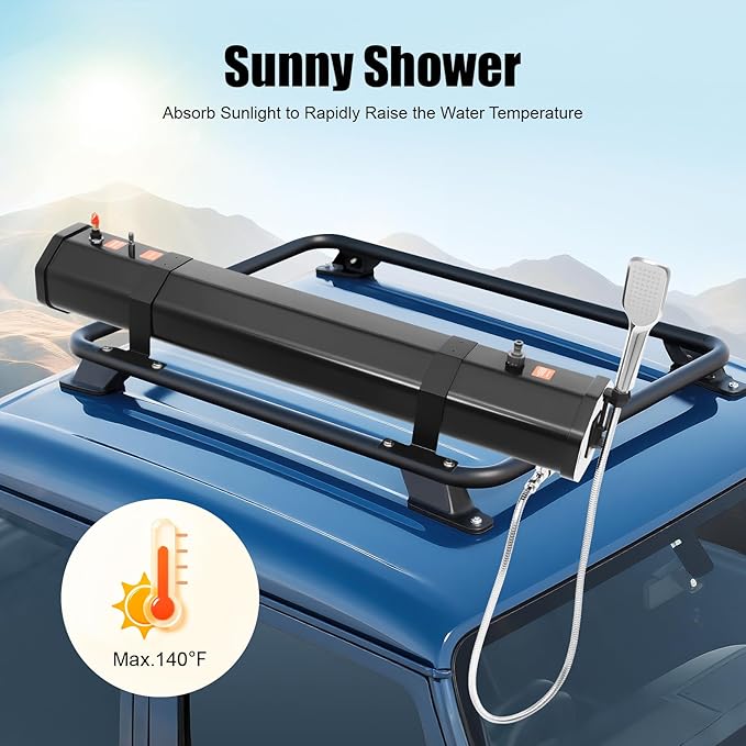 Portable Camping Shower Solar Portable Shower Water Tank for Camping Self-Pressurized Water Tank for SUV Overland Roof Rack 5.58ft Pipe 1.6bar 60℃/140℉ (30L)