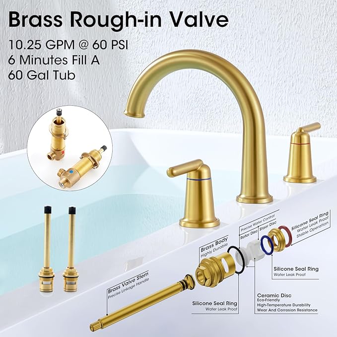 Brushed Gold Roman Bathtub Faucet, 2-Handle High Flow Tub Filler with Valve Widespread Deck Mount Bath Tub Faucet Set Classic High Arch WT-9807BG02