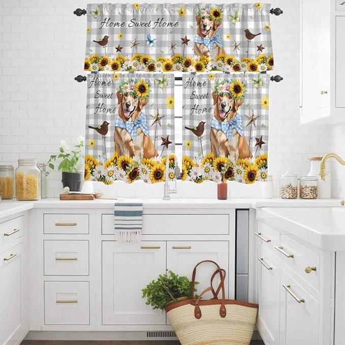 Kitchen Curtains Tiers and Valance Set of 3, Sunflowers Dog Light Filtering - Image 3