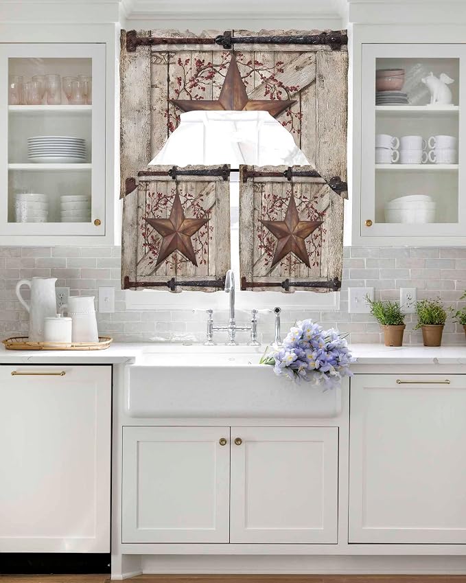 Country Star Swag Kitchen Curtains Valance and Tier Set, VintageRust Yellow - Image 4