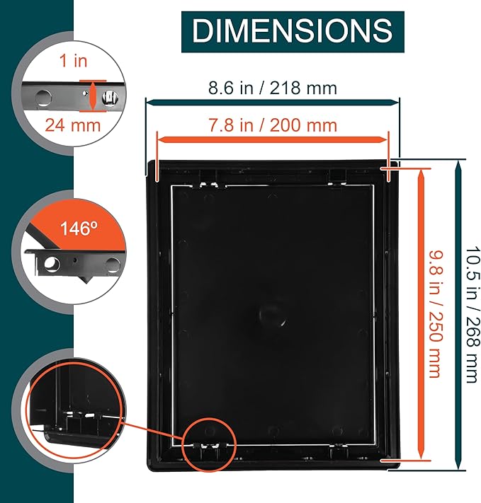 8" x 10" Black Plastic Access Panel - Service Shaft Door Panel for Plumbing, Electricity, Heating, Alarm Wall Access Hole Cover
