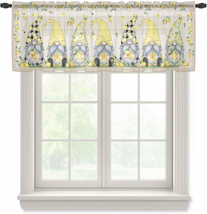 Rustic Lemon Gnomes Sheer Valance Curtains, Summer Fruit Leaves Retro Linen by Houseown