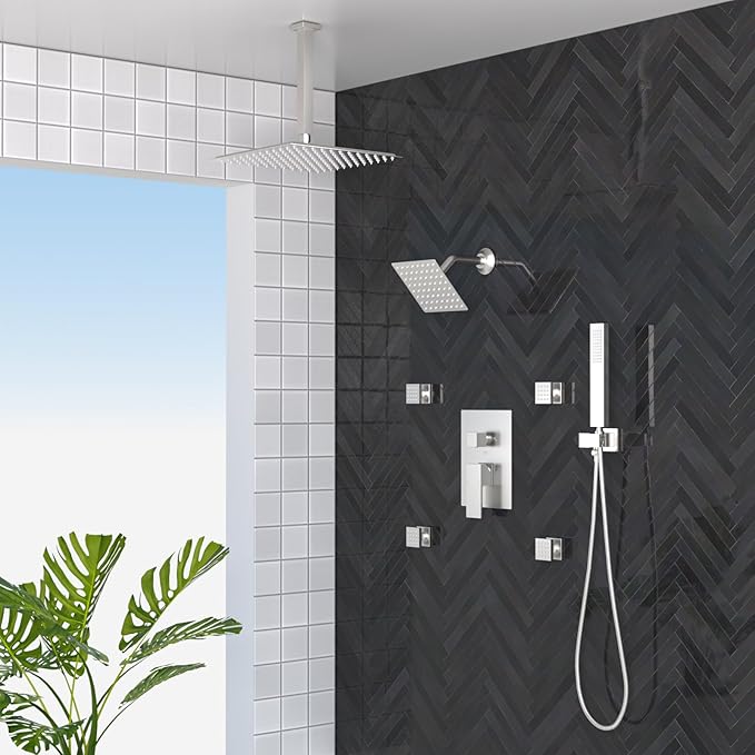 Enga Shower Systems with 4 Body Spray Jets, 4 Way 12+6" Rainfall Shower Head with Handheld Combo, Ceiling Mounted Shower Jets System in Wall Shower Faucet Sets Complete, Brushed Nickel